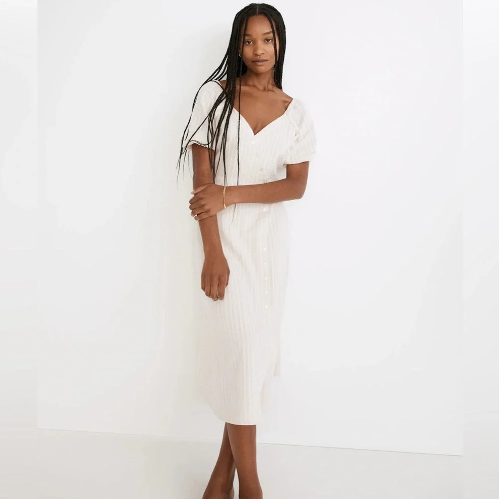 evaluate the specialty apparel retail company madewell on holiday dresses Madewell Puff-Sleeve Button-Wrap Midi Dress in Undyed Stripe  boatswainllc.com